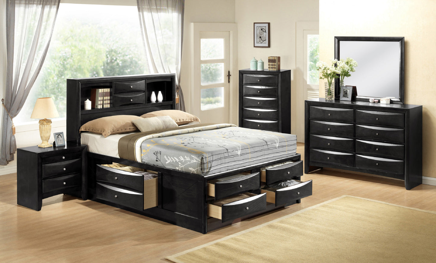 Black wooden queen size bed frame with storage drawers and a grey floral duvet