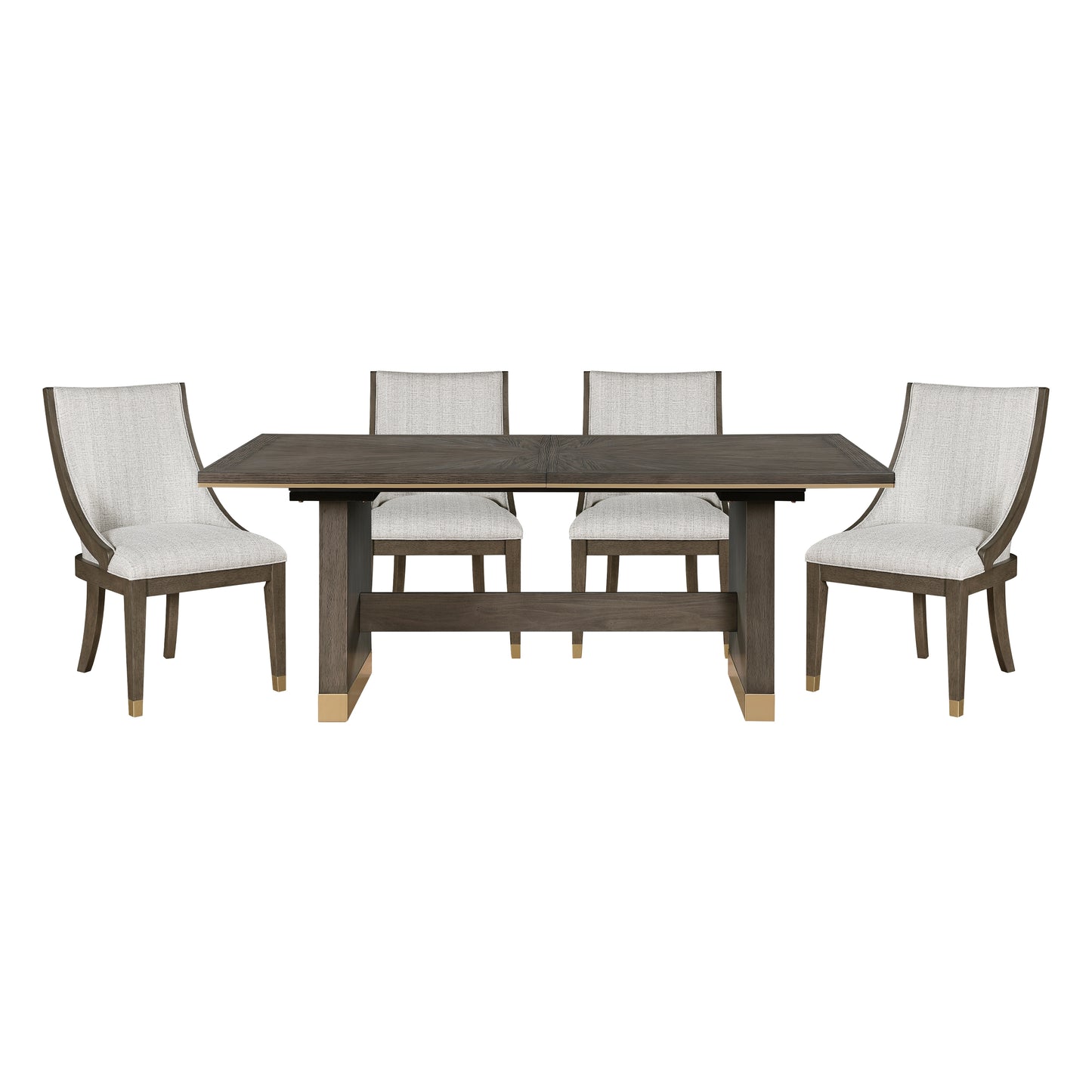 Dark wood dining table with light gray upholstered chairs brass accents and modern design