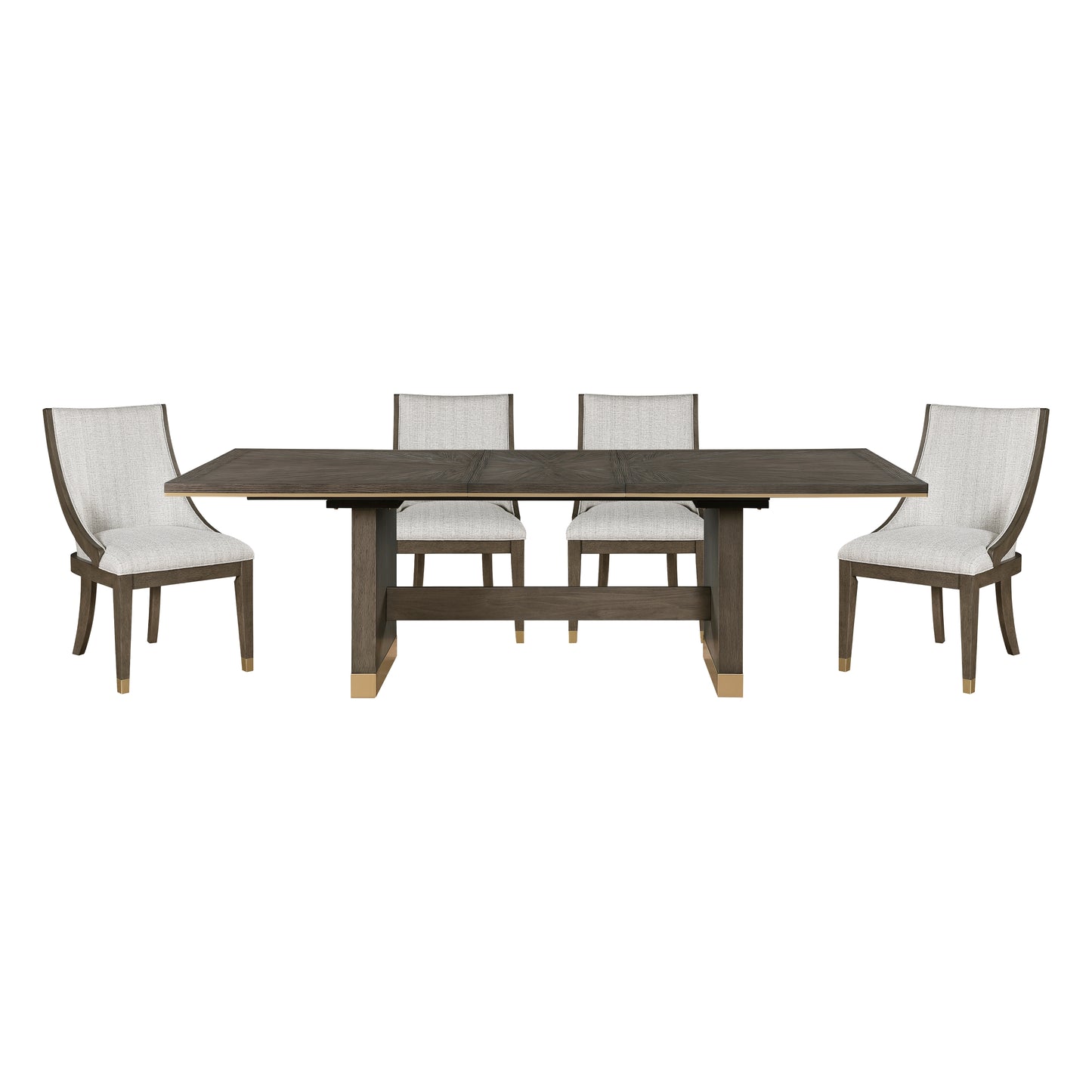 Dark oak dining table with textured grey chairs featuring elegant brass accents on chair legs