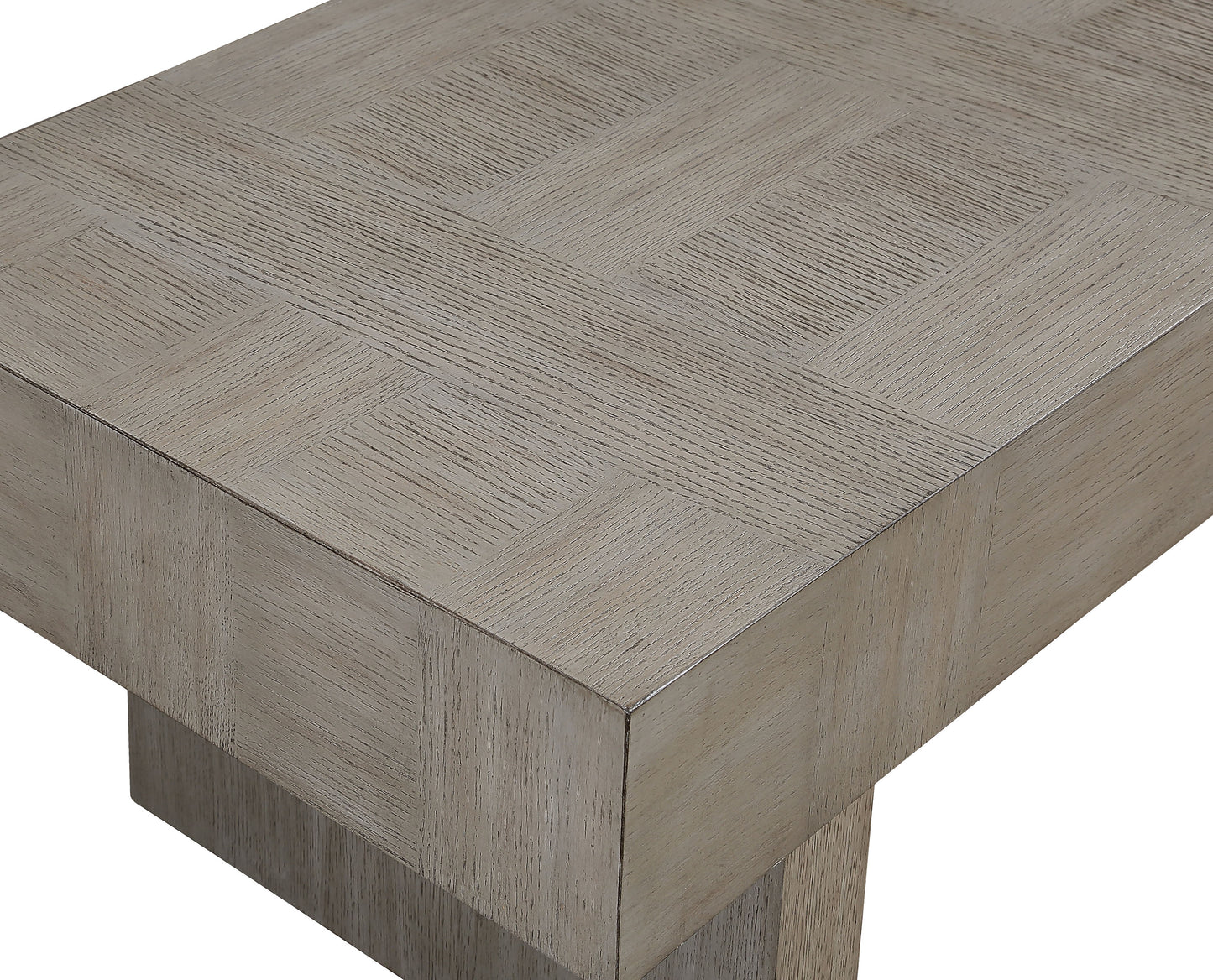 Weathered oak coffee table with parquet top design