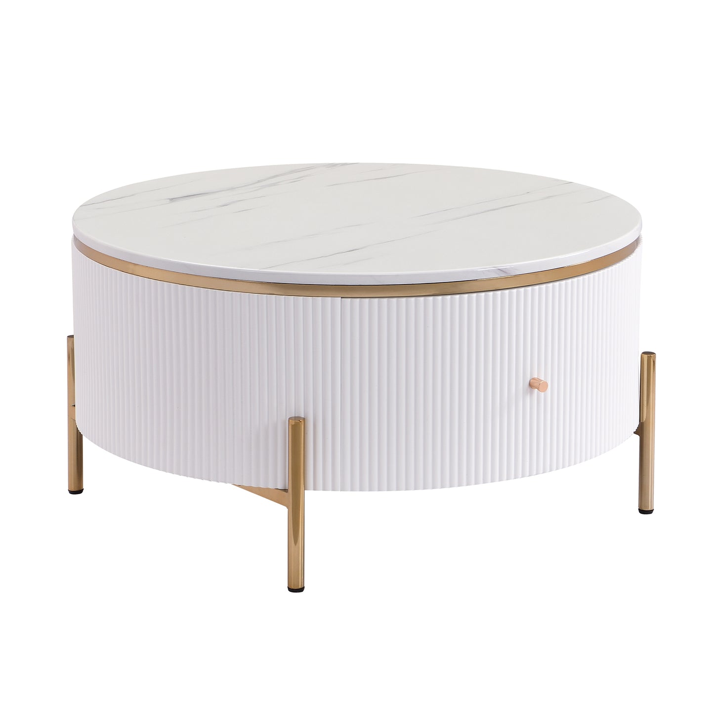 Round white marble top coffee table with fluted white body and gold legs