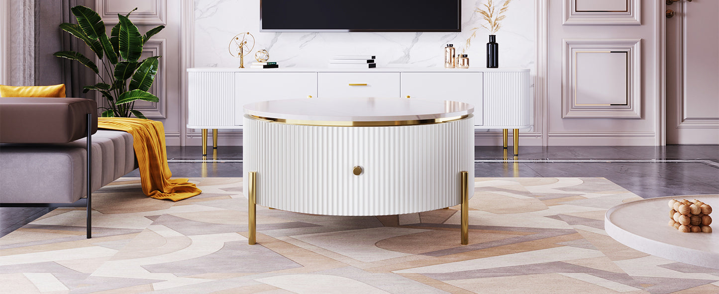Fluted white coffee table with gold accents ideal for modern living rooms