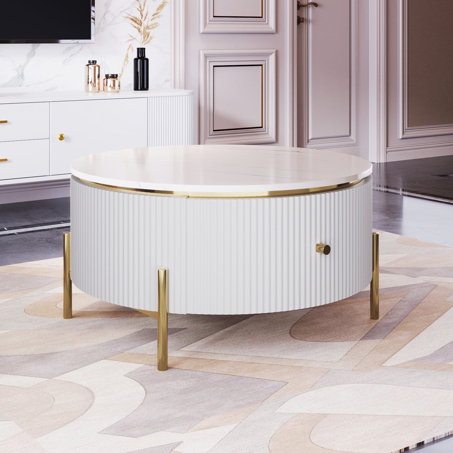 White fluted coffee table with marble top and gold accents