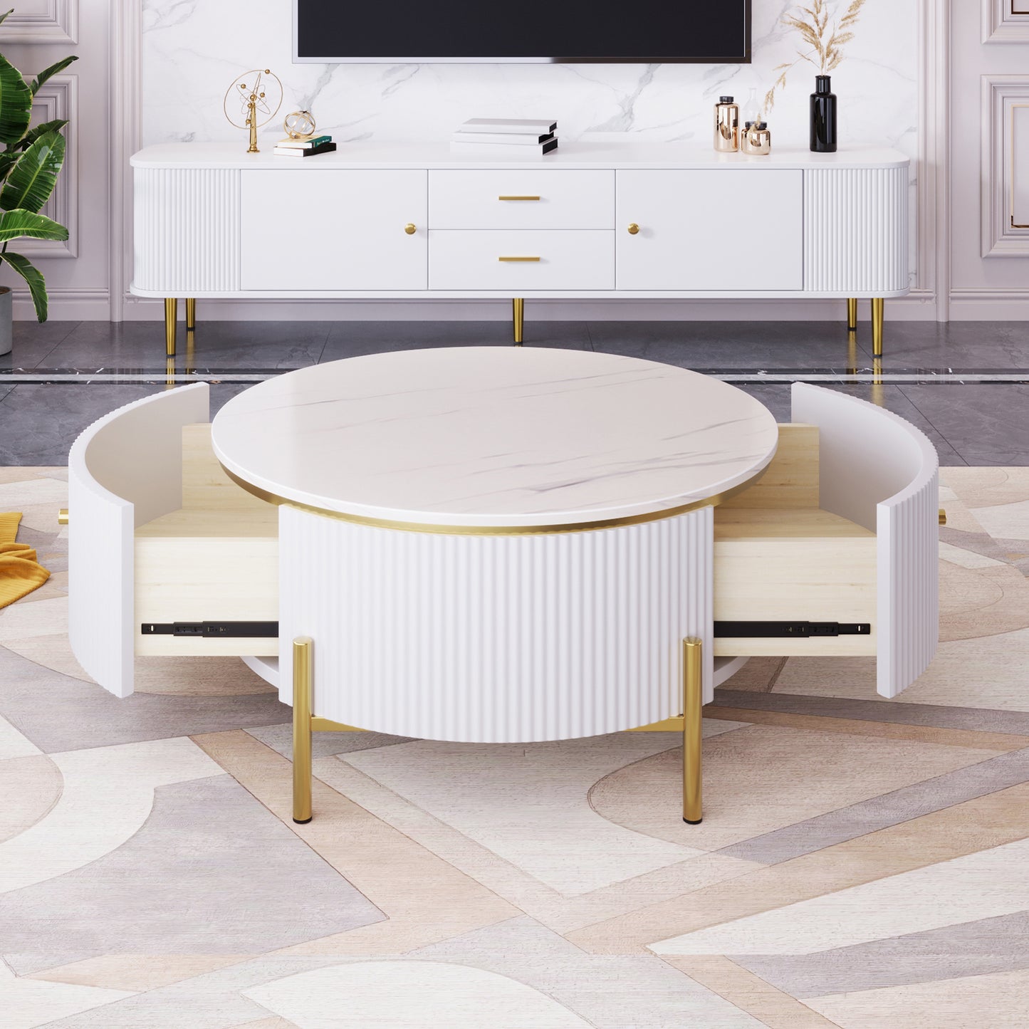 White marbletop coffee table with ribbed sides and gold legs