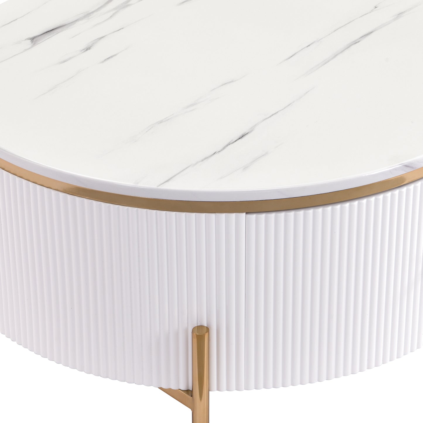 White marble top coffee table with fluted white base and gold accents