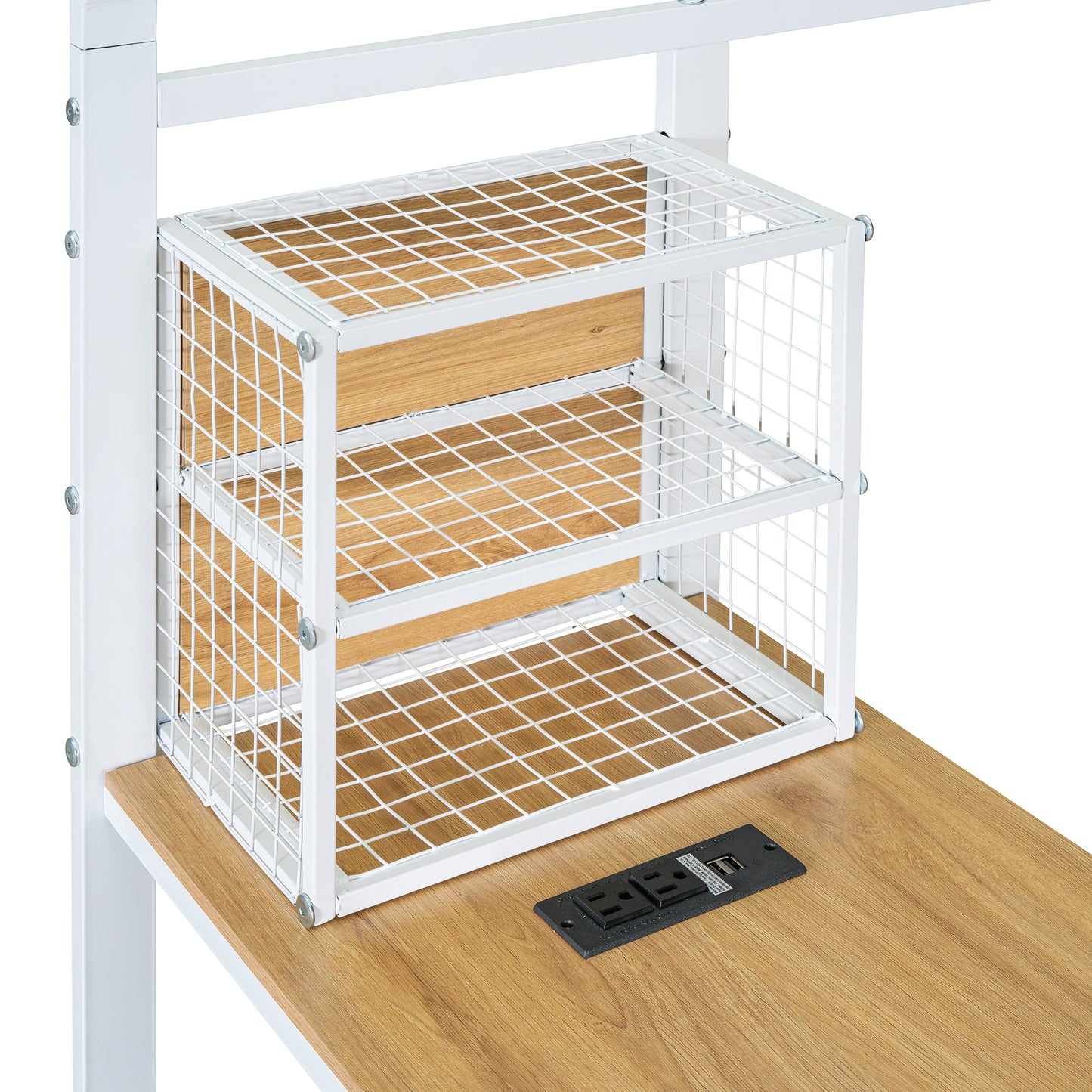 White wire mesh riser with wood shelves and integrated power outlet on desk