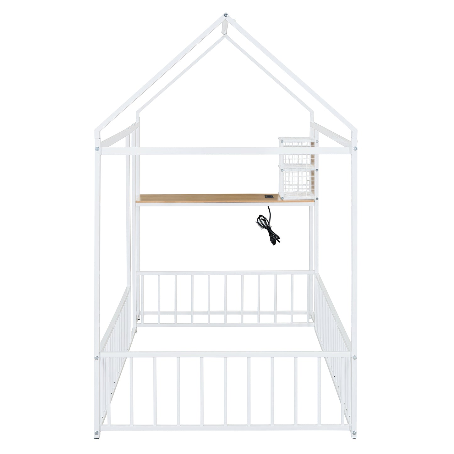 White metal house bed frame with wooden shelf and builtin charging station