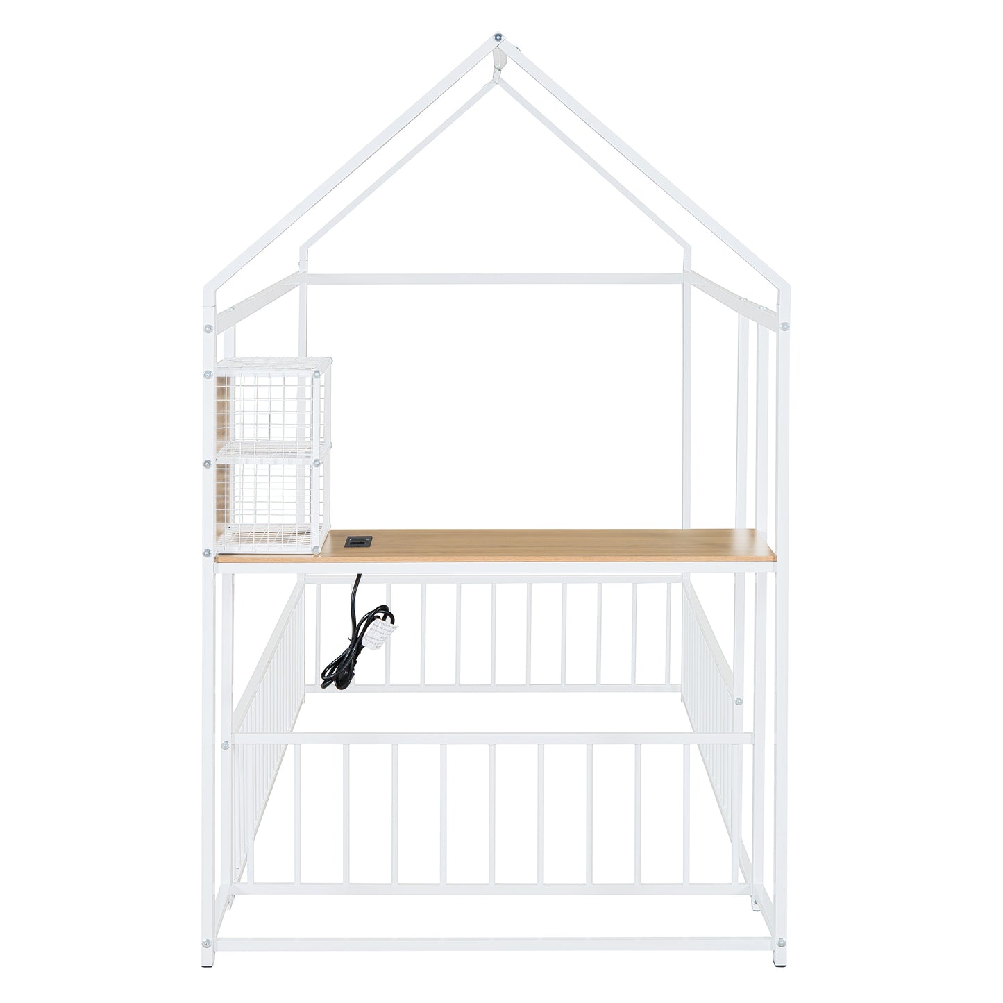 White metal house bed frame with wood desk and builtin outlets for children
