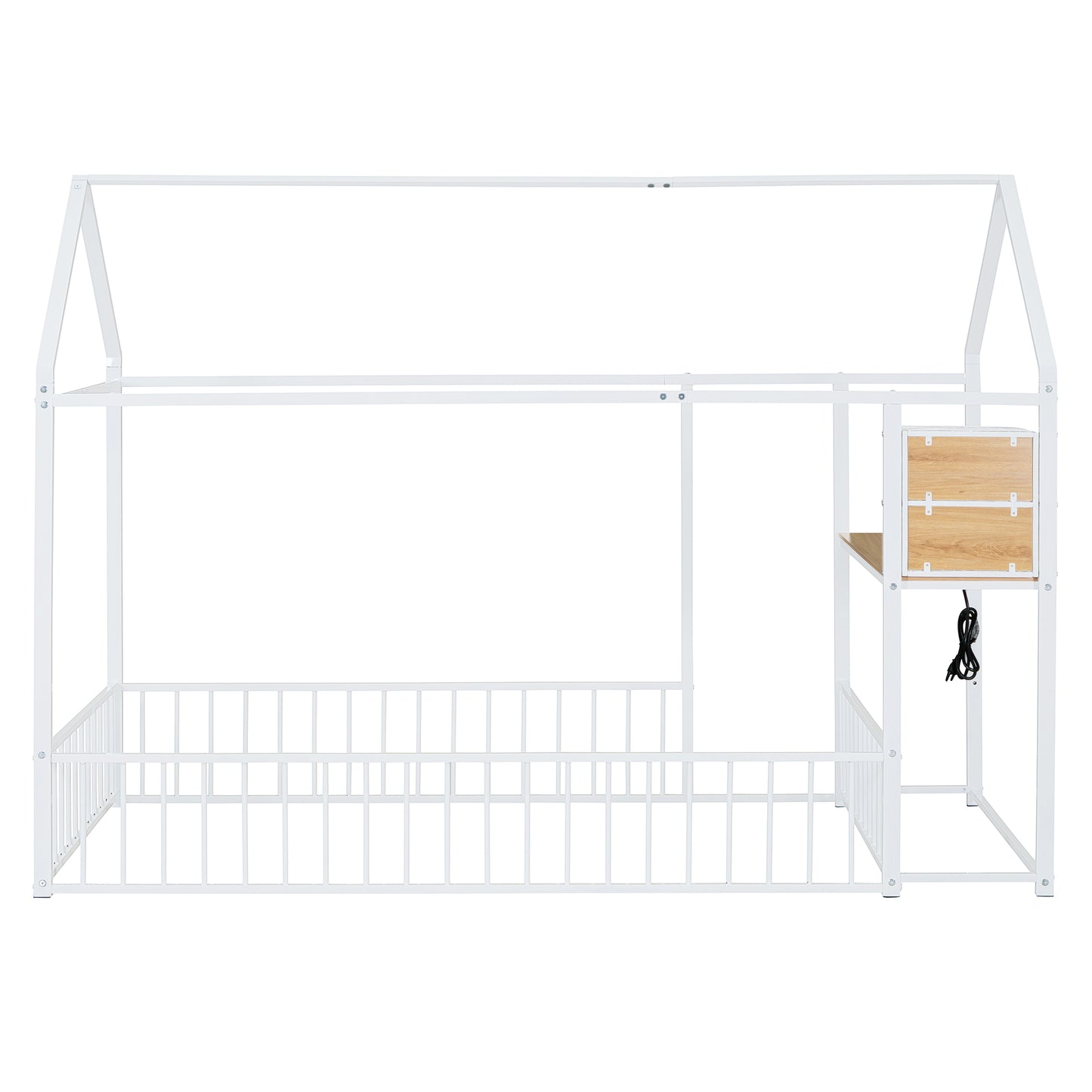 White metal house bed frame with builtin wooden shelf and two drawers on the side