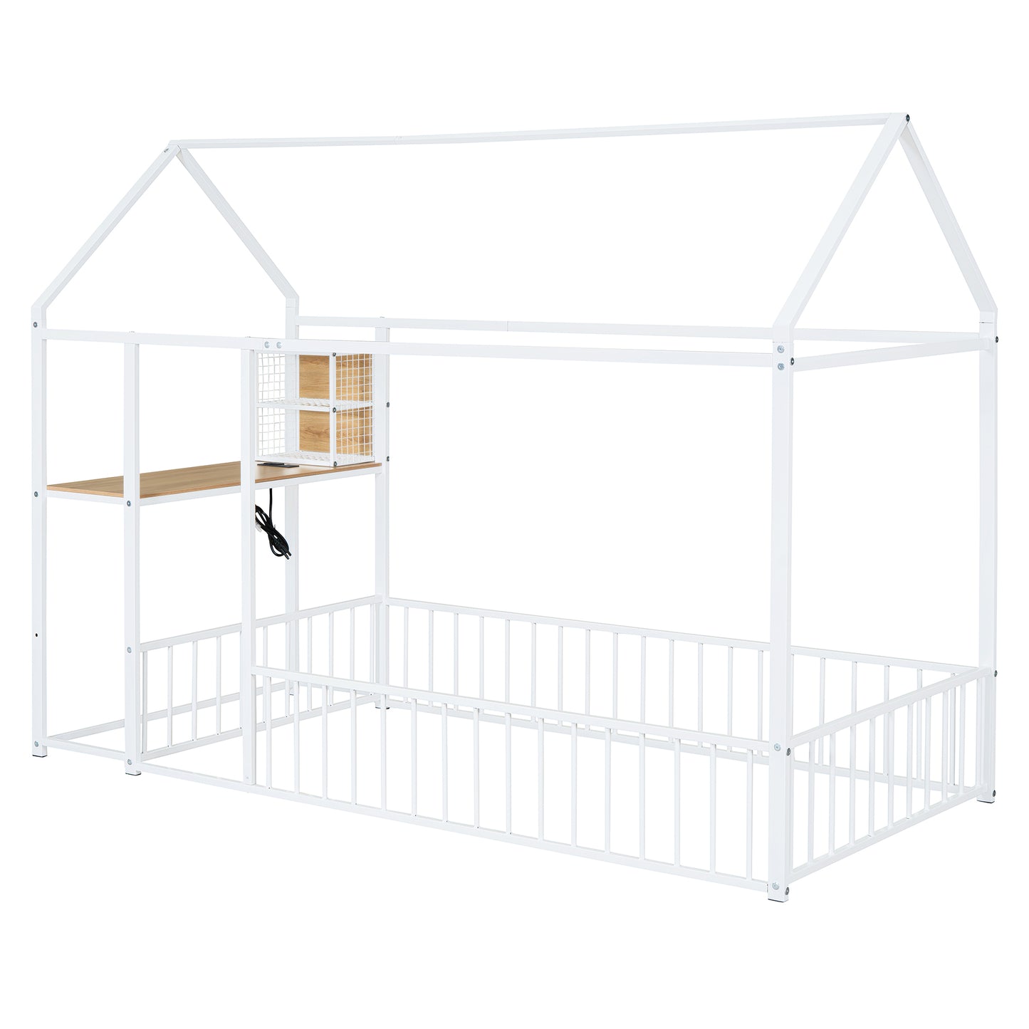 White metal house bed frame with integrated desk and storage cubbies for kids room