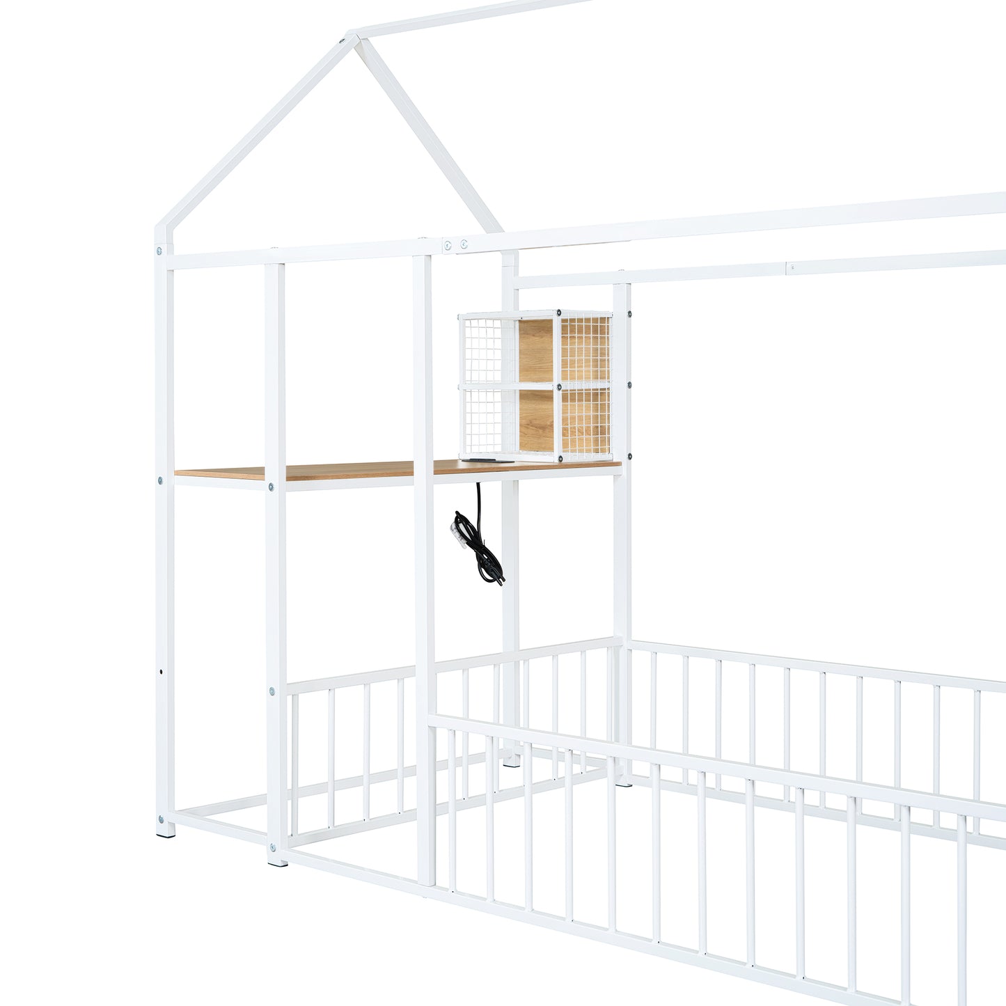 White metal house bed frame with wooden shelf and integrated storage cubbies