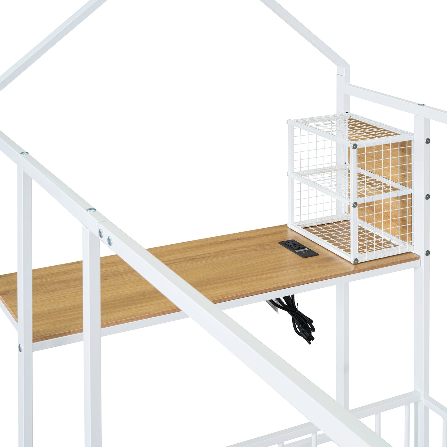 White metal house bed frame with wood shelf and integrated power strip