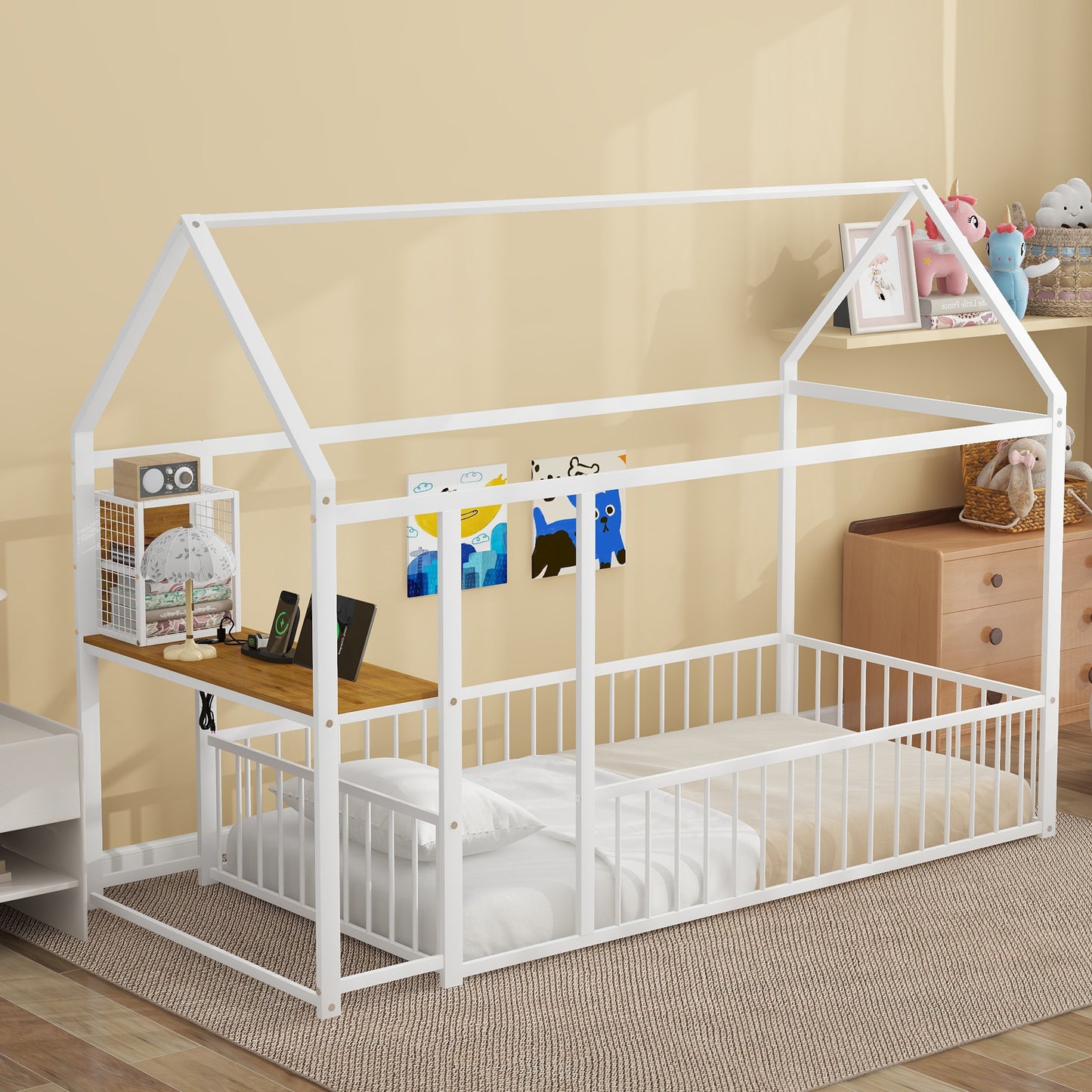 White metal house bed frame with attached desk and guardrails