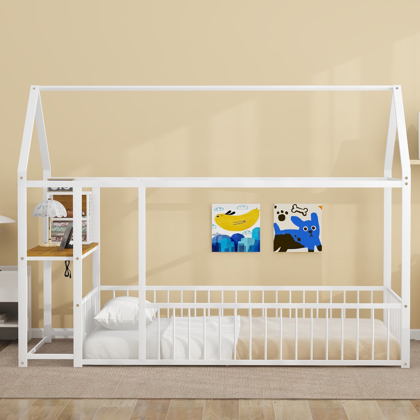 White metal house bed frame with a builtin shelf and white bedding for a childs room