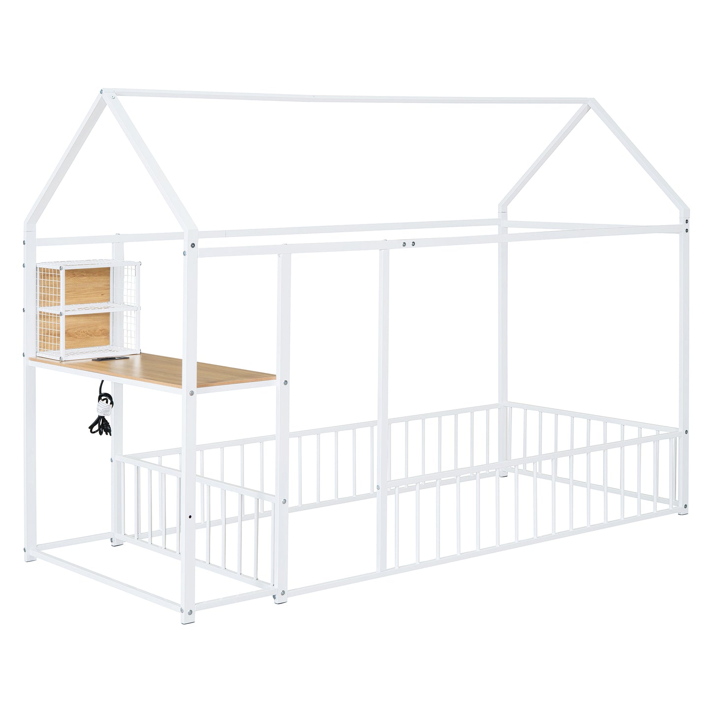 White metal house bed frame with integrated desk and shelves for kids room