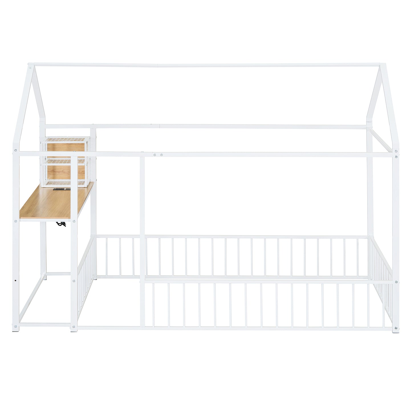 White metal house bed frame with attached desk and shelving perfect for kids room