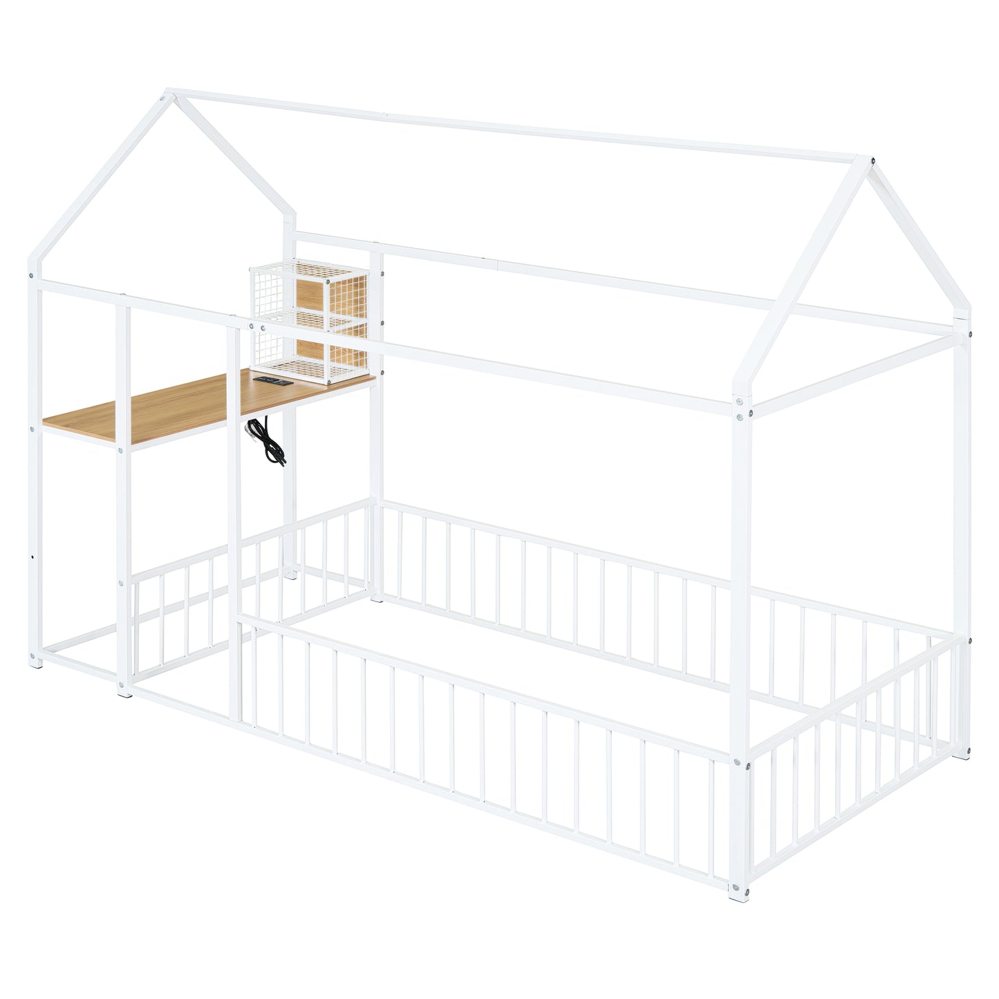 White metal house bed frame with wooden shelf and storage baskets for kids