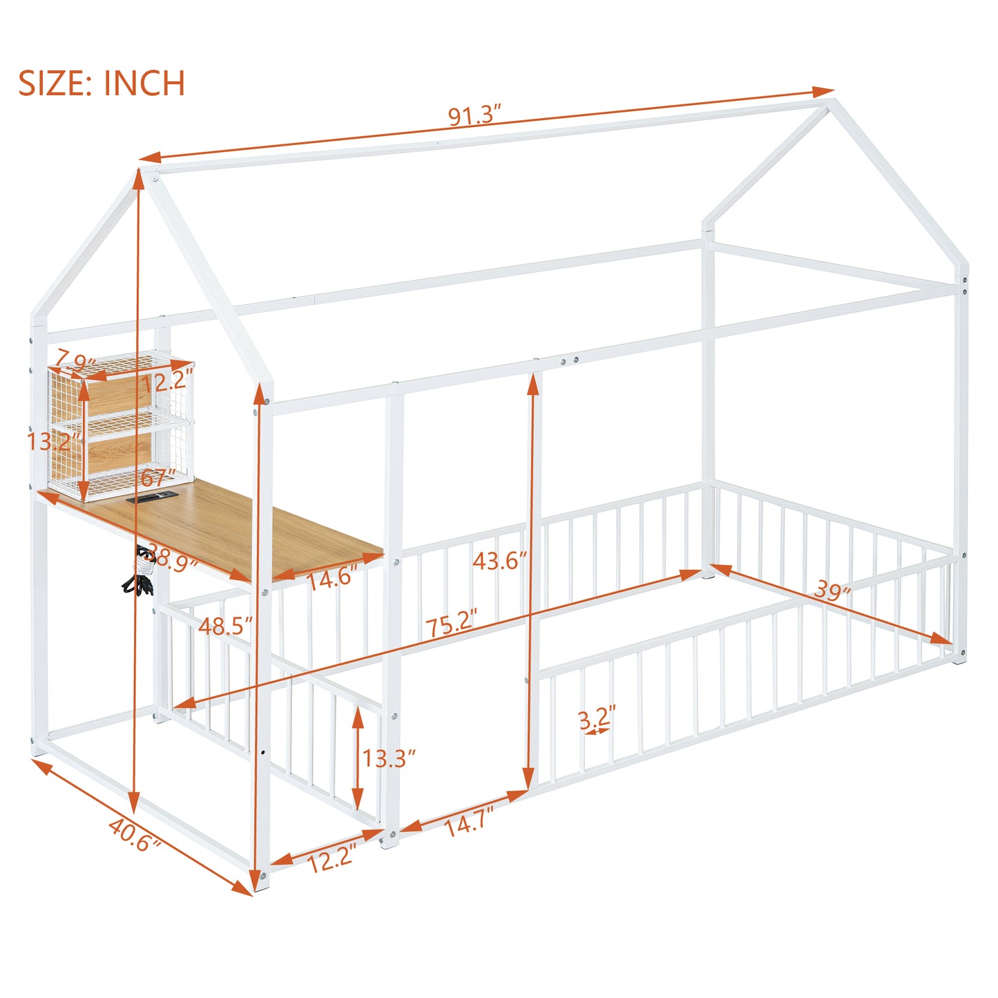 White metal house bed frame with integrated desk and storage shelves for nursery