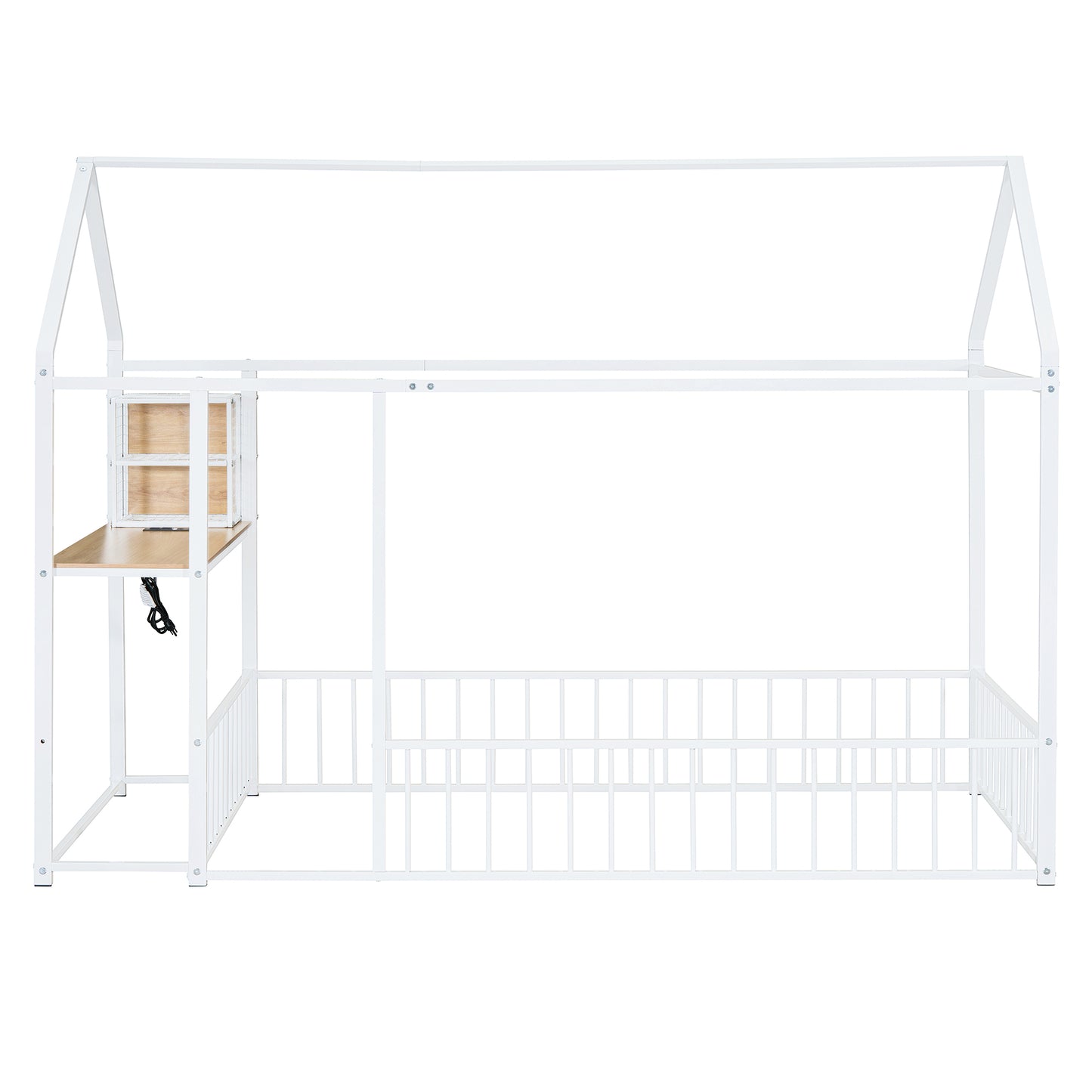 White metal house bed frame with integrated desk and shelves for kids bedroom