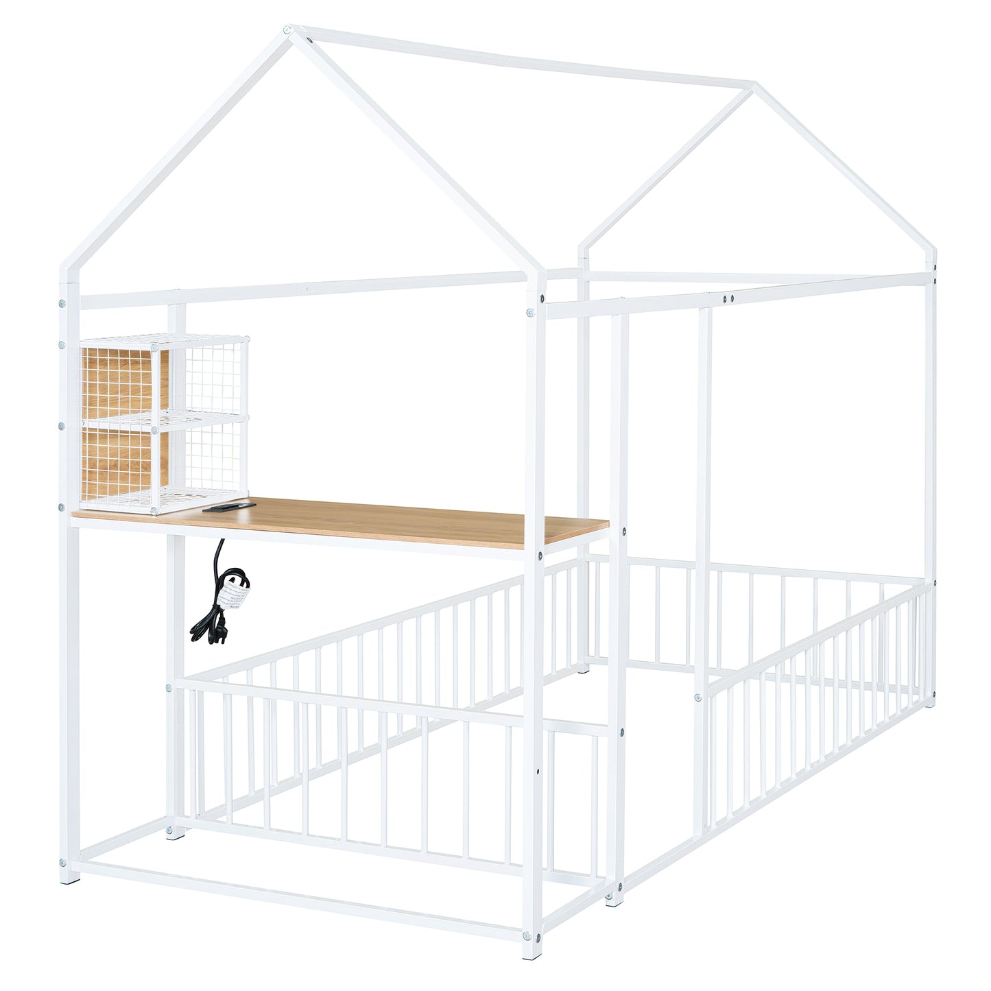 White metal house frame bed with desk and storage shelves perfect for kids