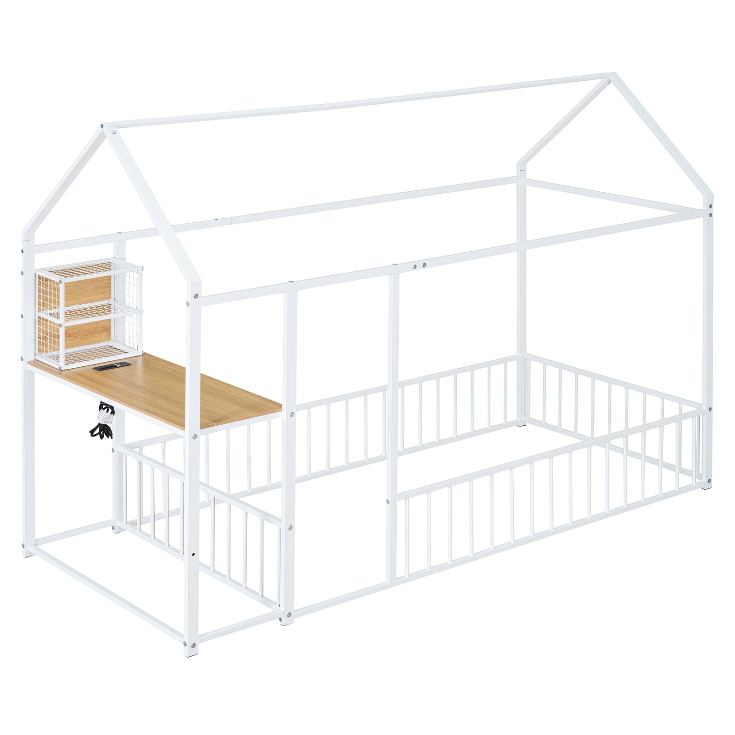 White metal house frame bed with builtin desk and shelves for kids bedroom