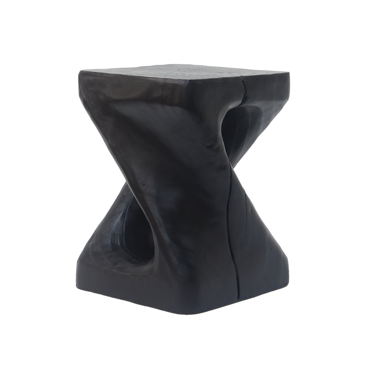 Twisted black wood side table with hourglass shape and natural grain texture