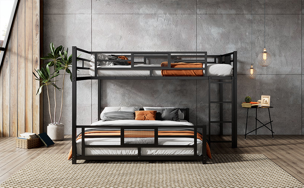 Black metal twin over twin bunk bed with modern design perfect for kids rooms