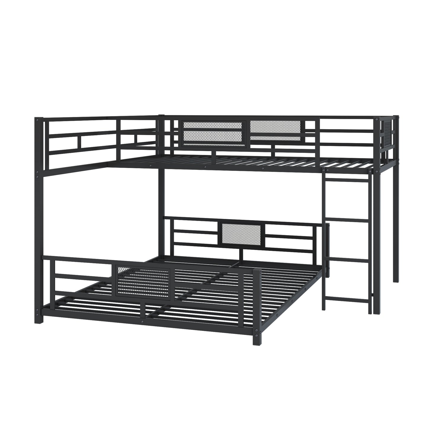 Modern black metal bunk bed frame with ladder and guardrails