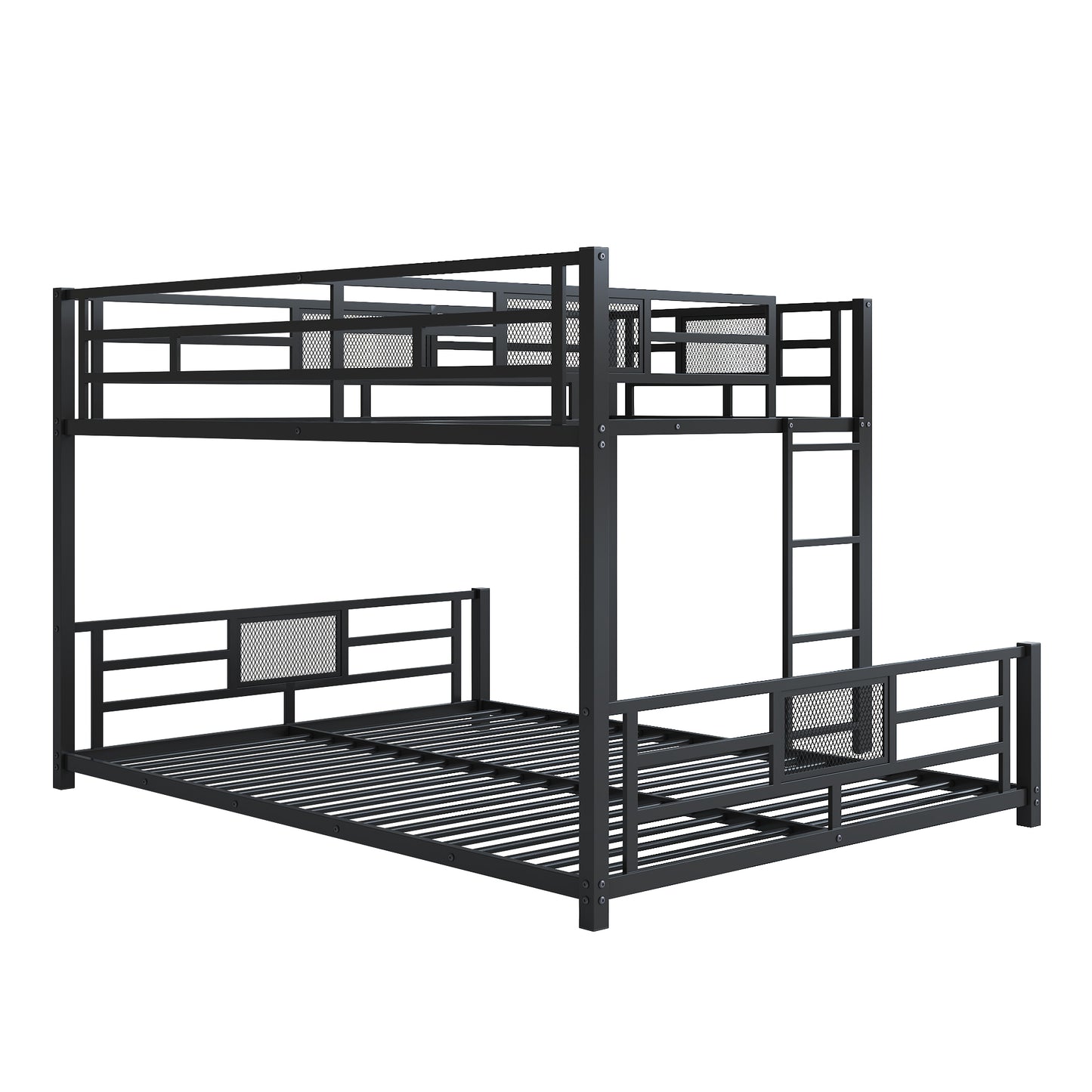 Sturdy black metal triple bunk bed with slatted bases and integrated ladders