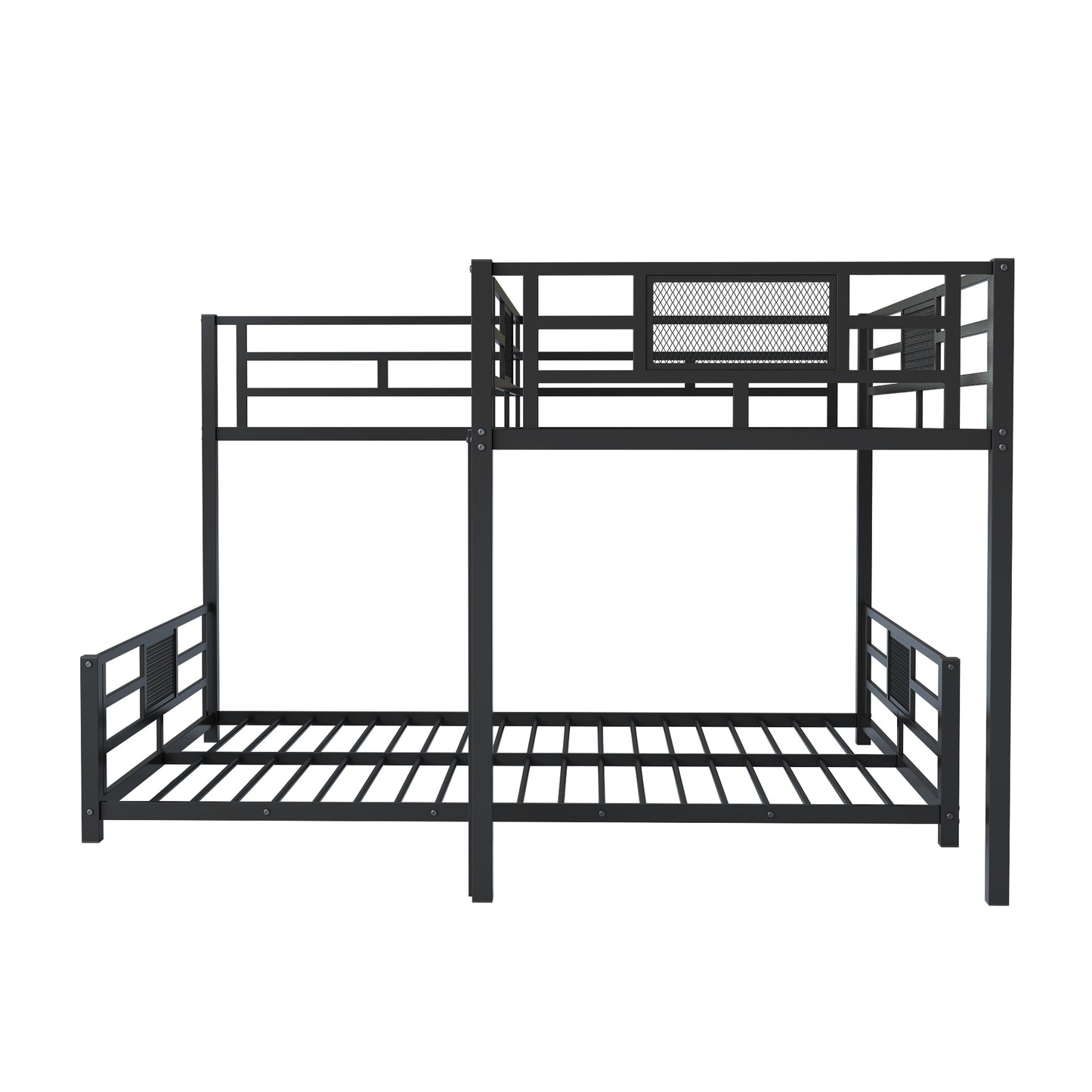 Black metal twin over twin bunk bed with slatted base