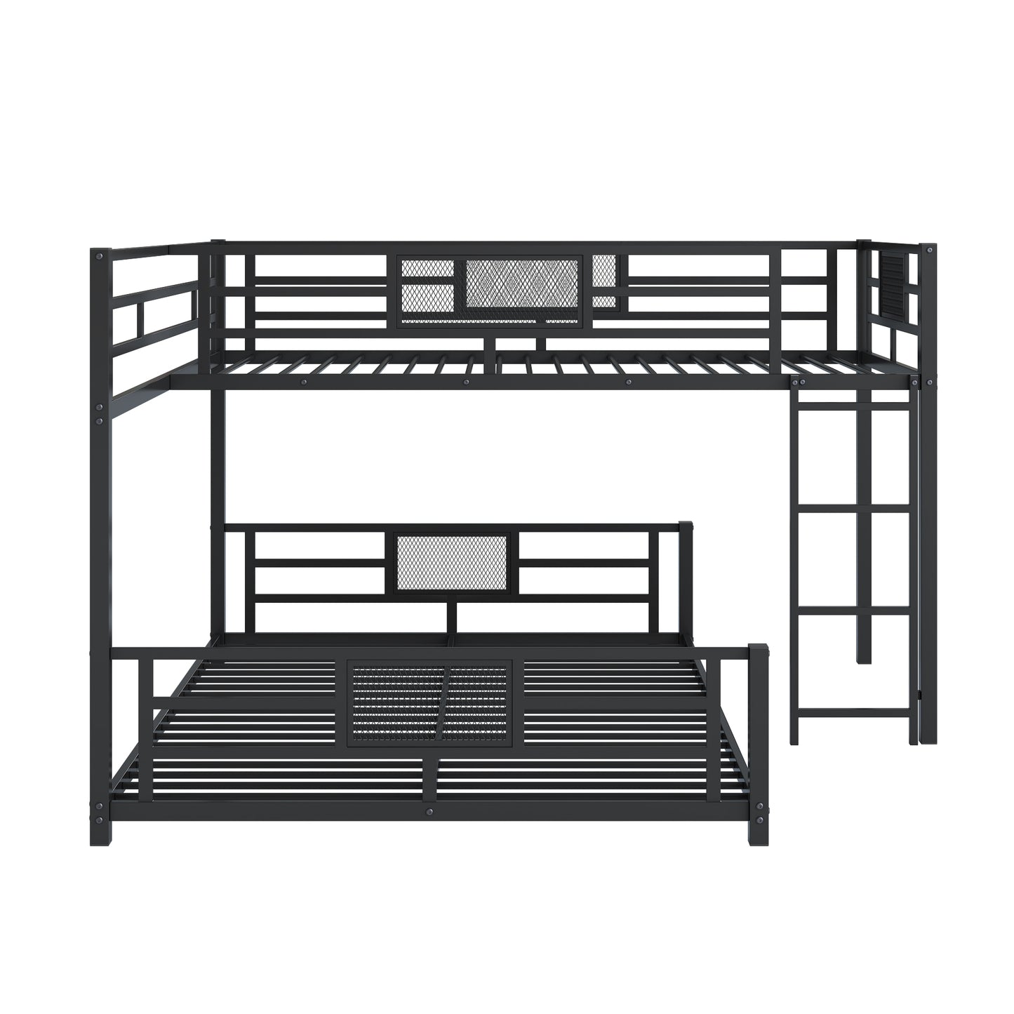Modern black metal triple bunk bed with guardrails and ladder for kids rooms