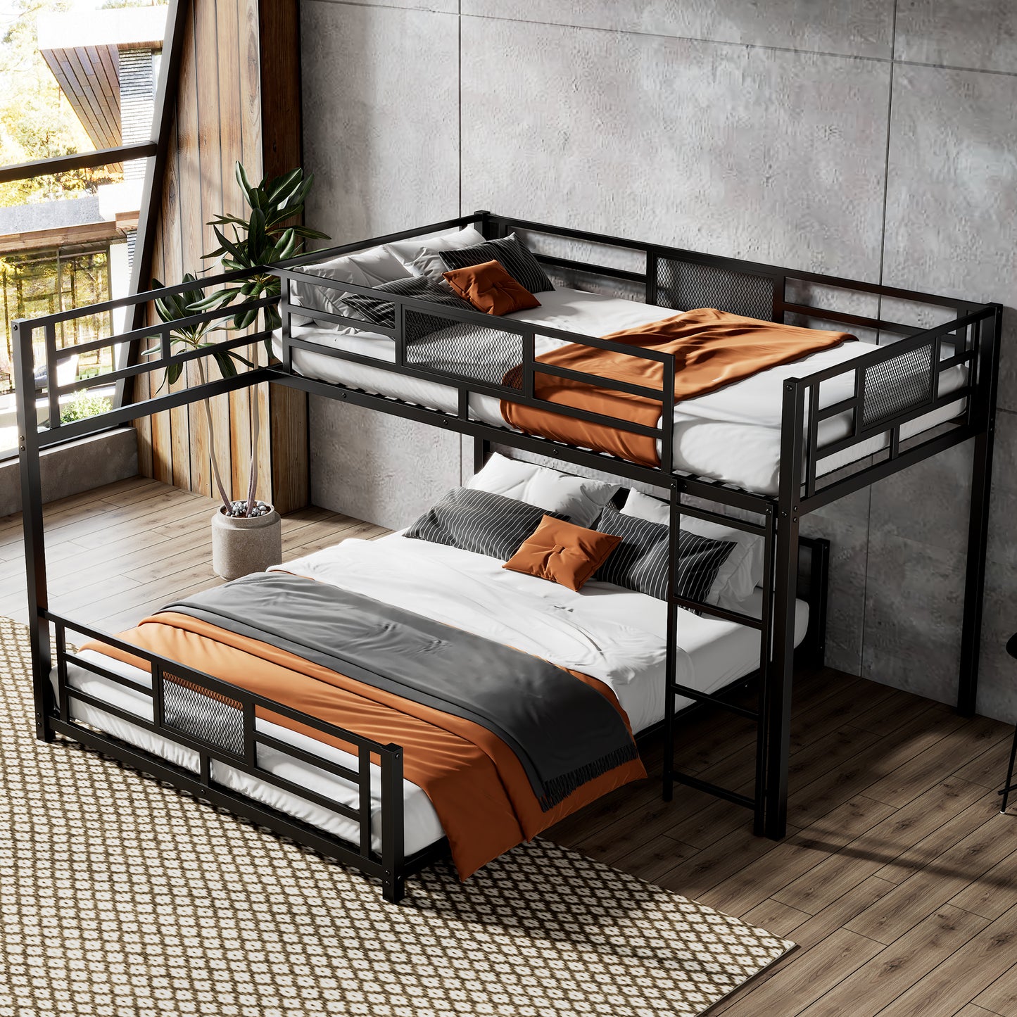 Black metal twin over full bunk bed with orange and gray bedding for kids rooms