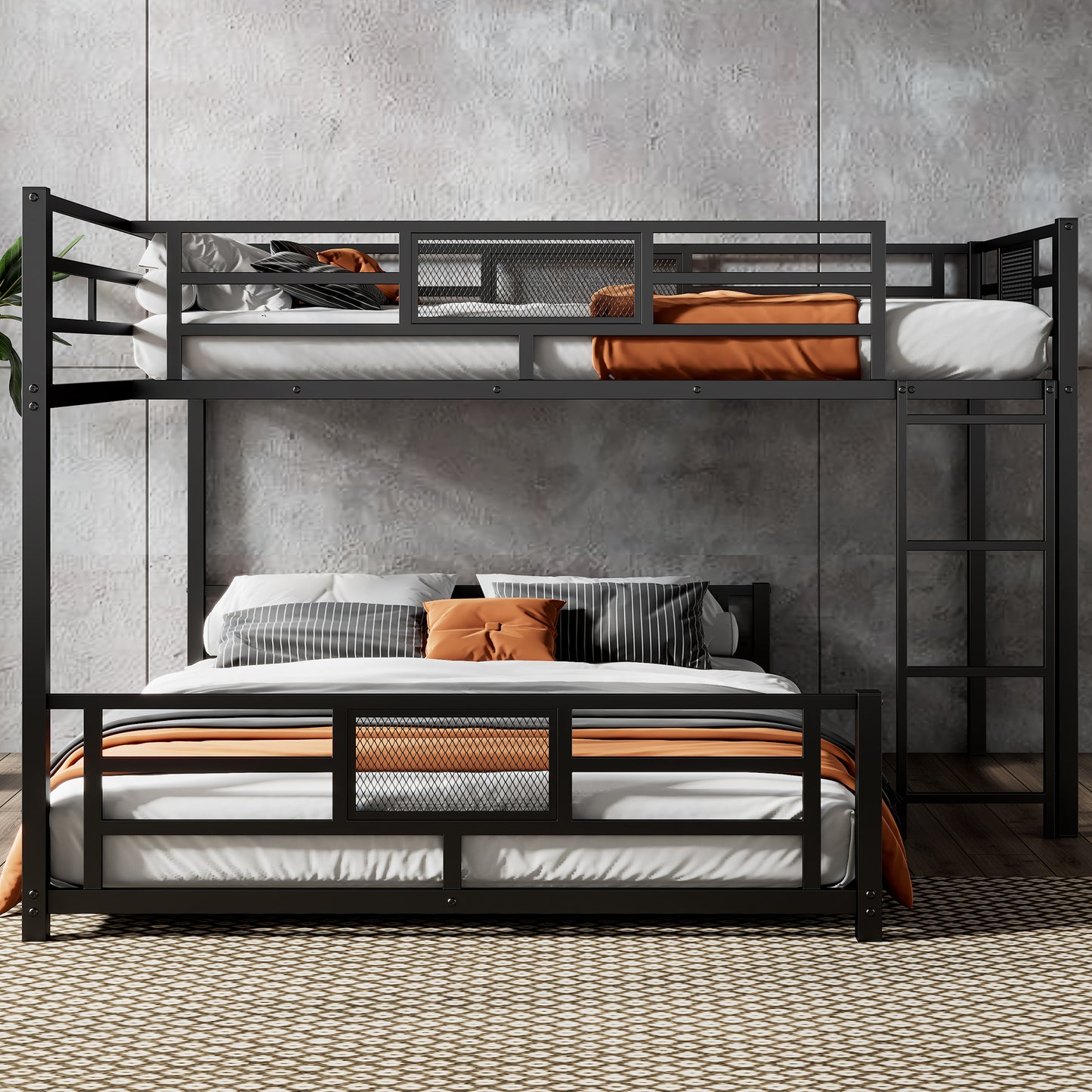 Black metal twin over twin bunk bed with orange and grey bedding