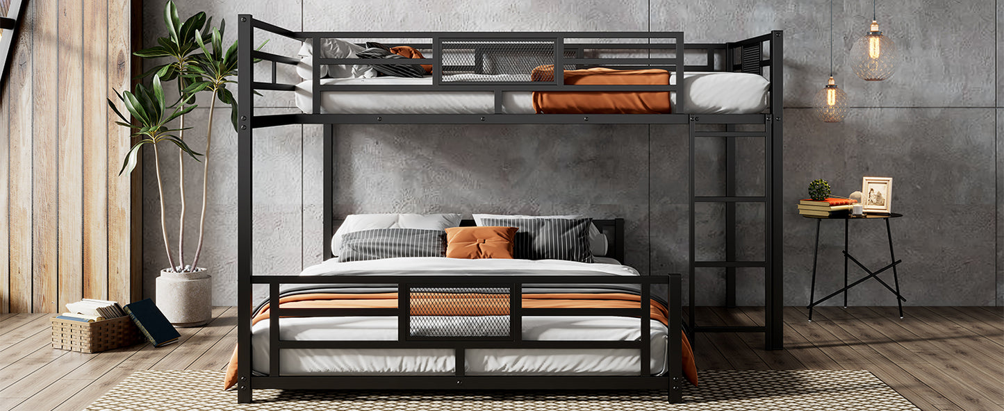Black metal bunk bed with queen size lower and twin size upper bunk modern industrial design