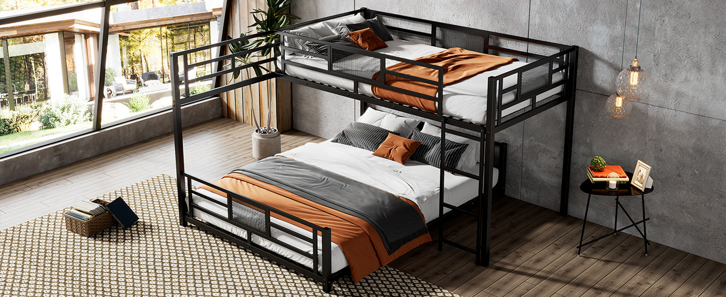 Black metal bunk bed with white and orange bedding perfect for small spaces
