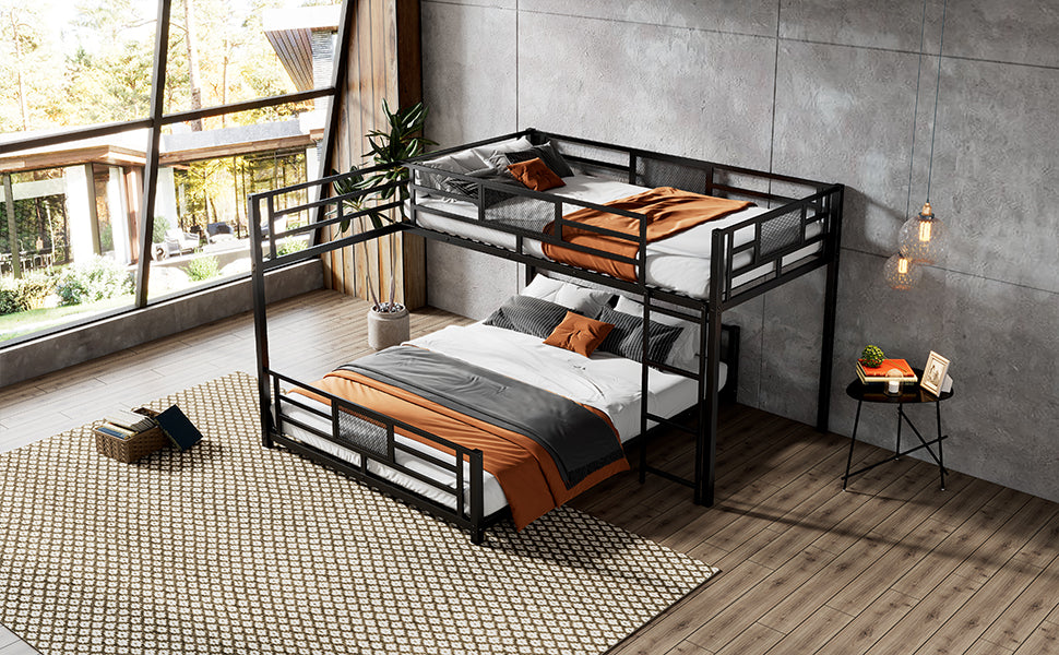 Modern black metal Lshaped bunk bed with orange and grey bedding in a loft bedroom