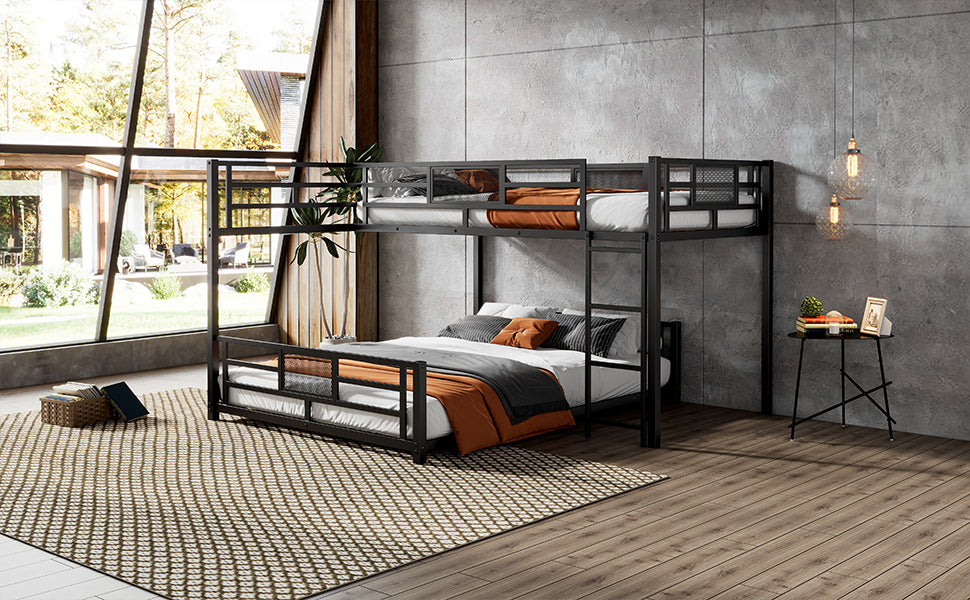 Black metal twin over twin bunk bed with orange and grey bedding