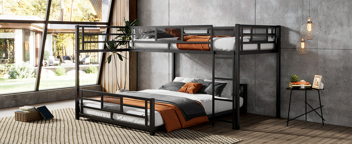 Black metal bunk bed with fullsize bottom and twinsize top featuring orange and grey bedding