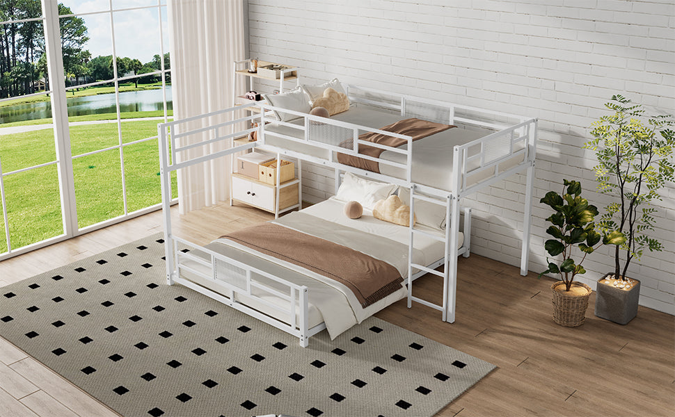 White metal triple bunk bed with rollout trundle designed for kids rooms