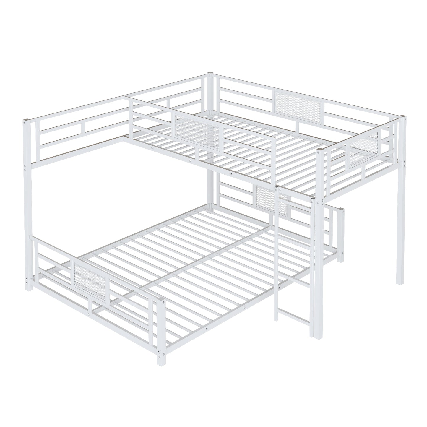 White metal Lshaped bunk bed with ladder and guardrails perfect for kids