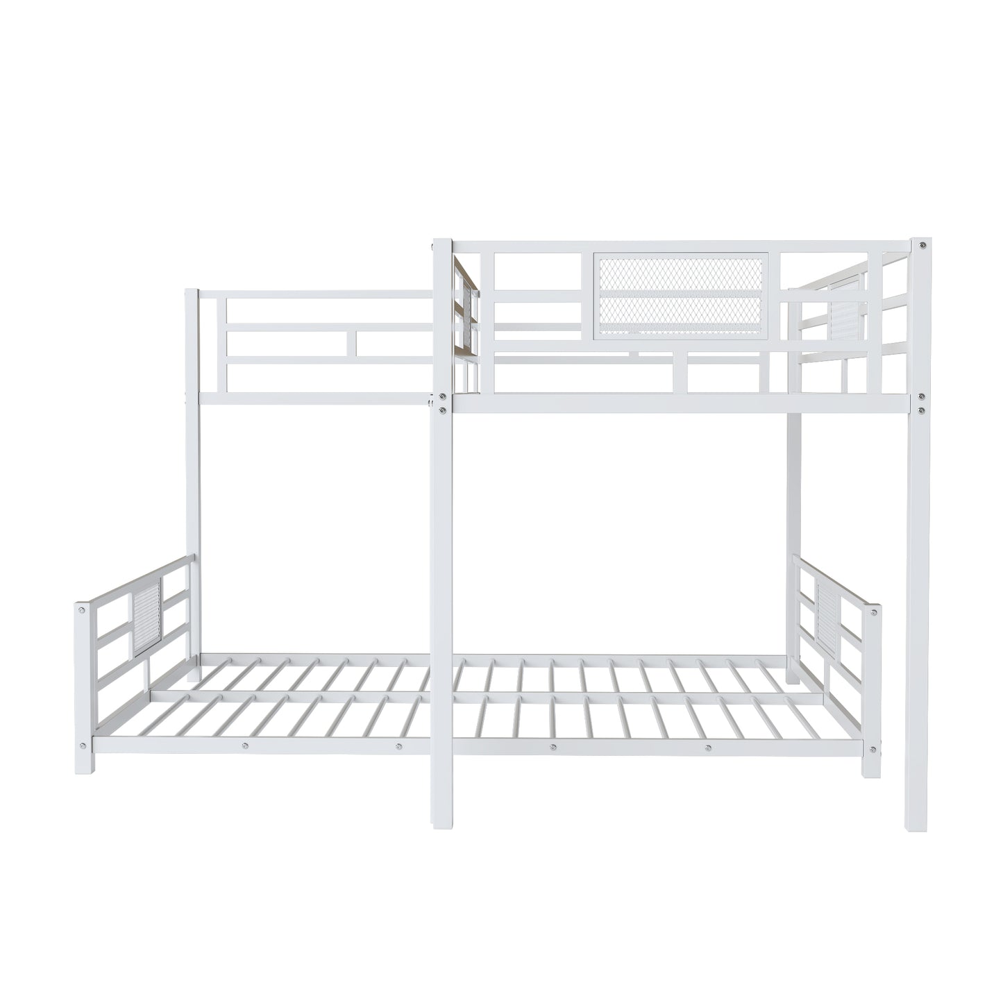 White metal bunk bed with safety rails and slatted mattress support