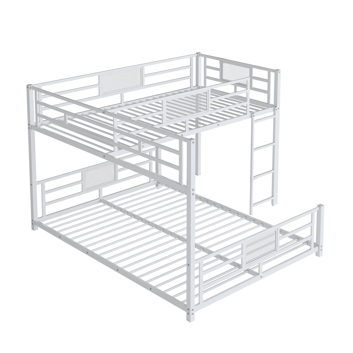 White metal bunk bed with integrated ladder and mesh accents