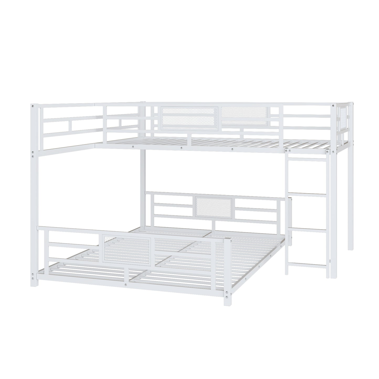 White metal triple bunk bed with integrated ladder and guardrails for kids rooms
