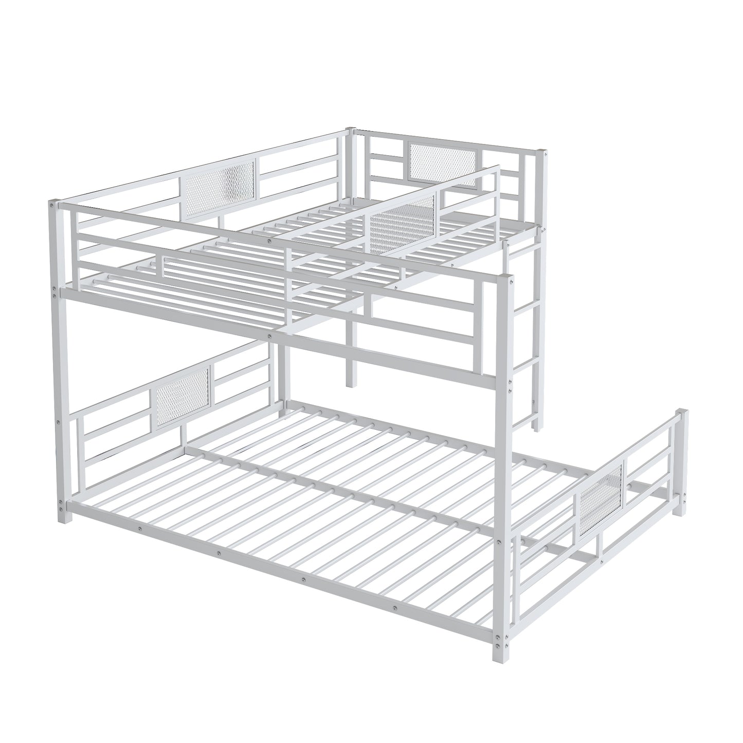 White metal triple bunk bed frame with ladder spacesaving design for kids