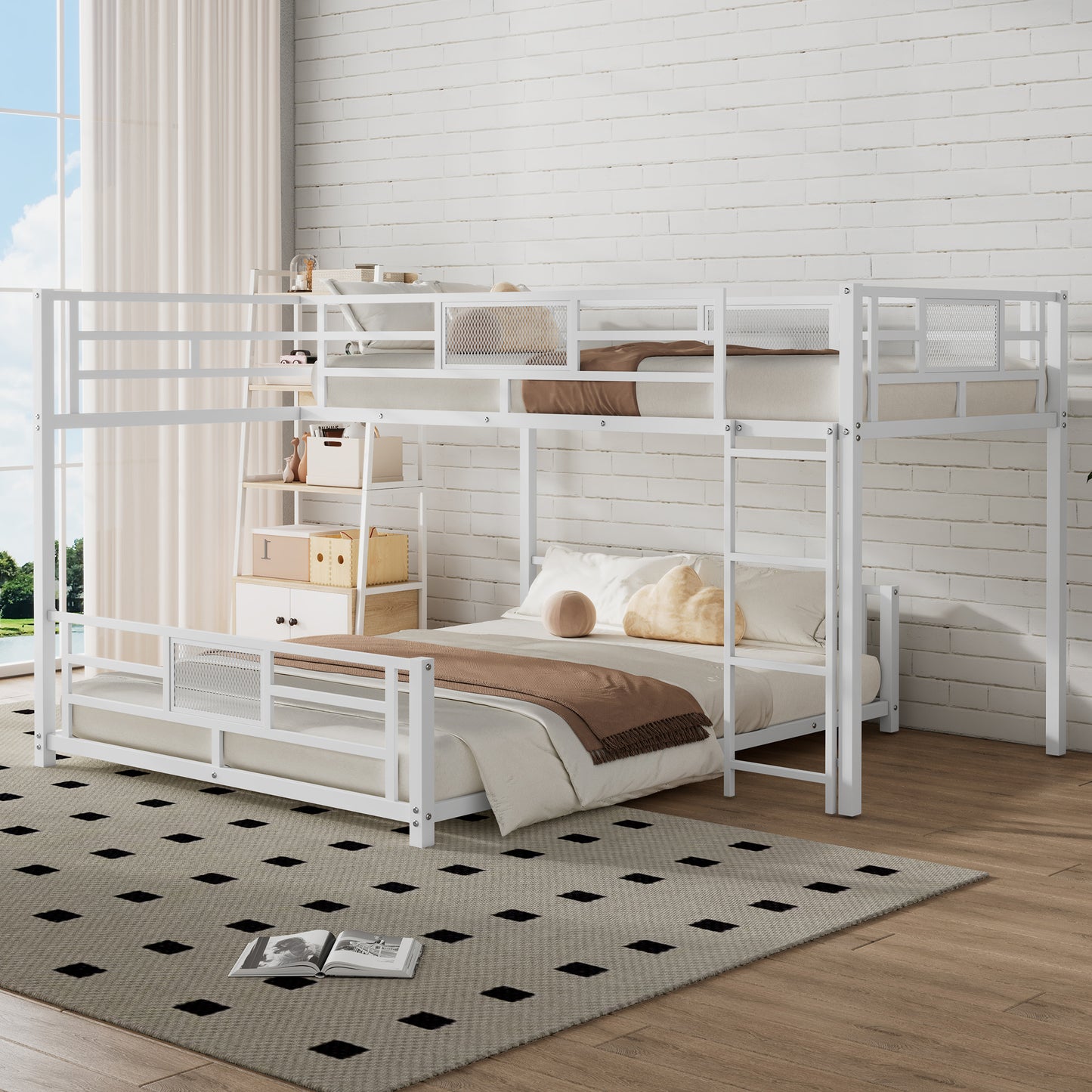 White metal triple bunk bed with ladder and storage shelves accommodating queen and twin mattresses