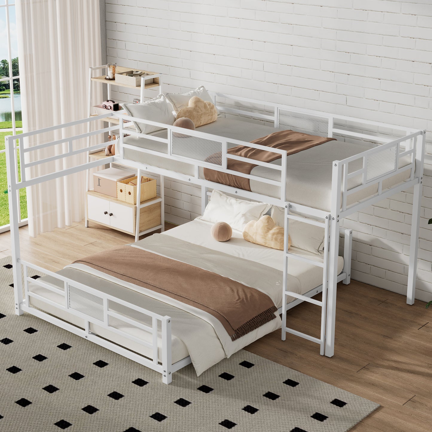 White metal triple bunk bed with safety rails and ladder ideal for kids rooms