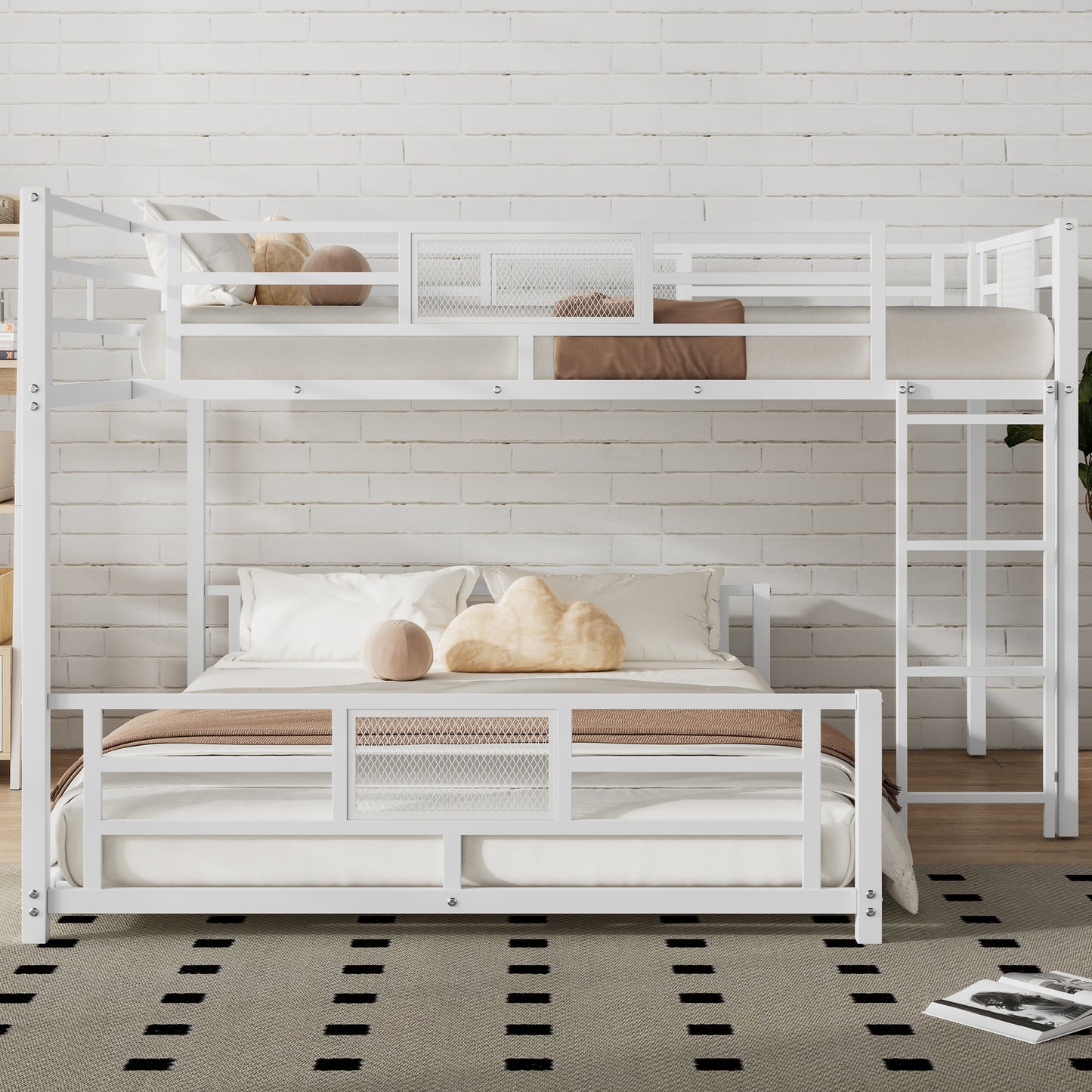 White metal twin over twin bunk bed with ladder and guardrails perfect for kids rooms