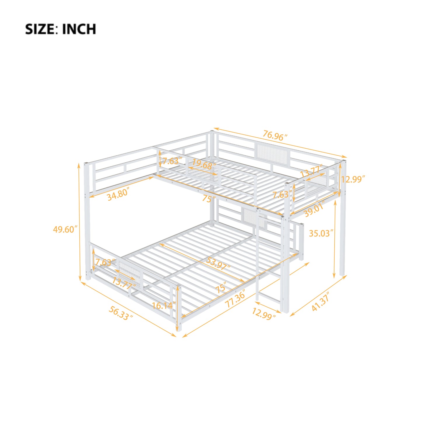 White metal twin over twin bunk bed with integrated ladder and safety rails L x W x H inches