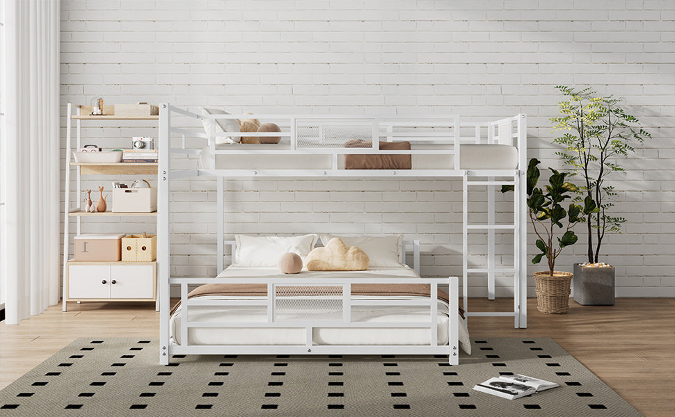White metal bunk bed with integrated ladder and modern mesh accents