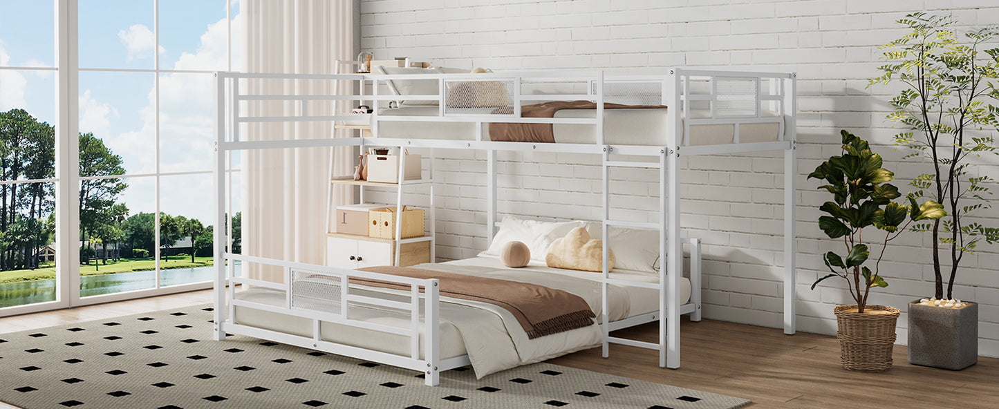 White metal triple bunk bed with twin mattresses storage shelves and trundle characters